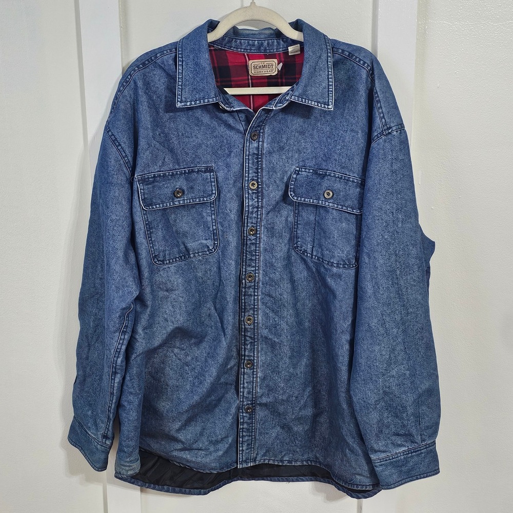 CE Schmidt Workwear Mens XL Denim Shirt Jacket Plaid Lined Blue 90s Style